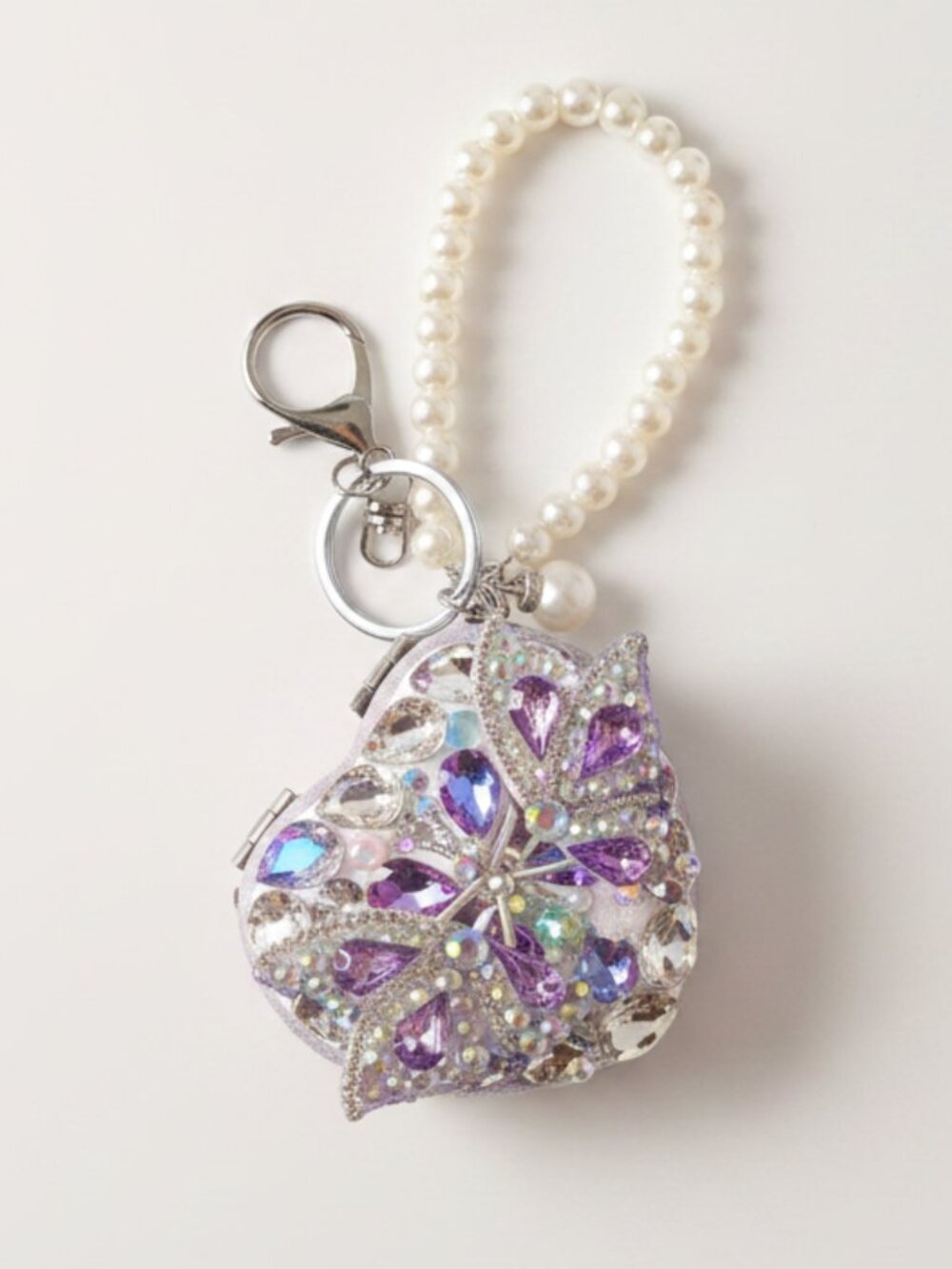 Rhinestone butterfly themed compact mirror keychain.  Brand new.